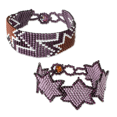 Purple Beaded Glass Wristband Friendship Bracelets (Pair)
