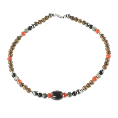 Multi-Gemstone and Wood Bead Necklace