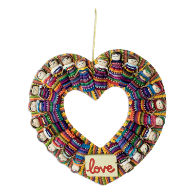 Hand-Loomed Cotton Worry Doll Heart Wreath From Guatemala