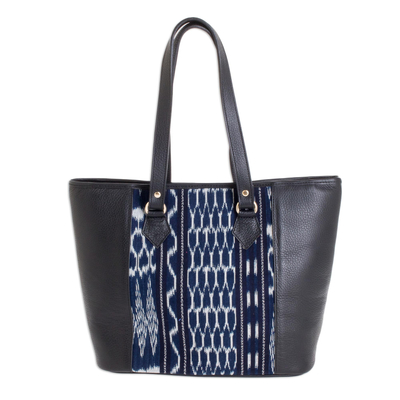 Black Leather and Cotton Jaspe Tote Bag
