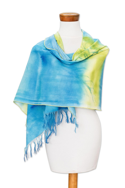 Hand-Painted Blue and Green Cotton Shawl from Costa Rica