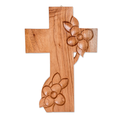 Hand-carved Wooden Cross With Flowers From Guatemala