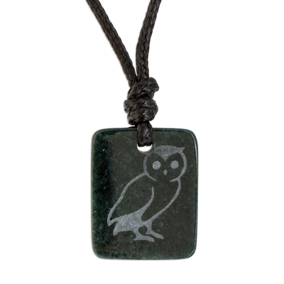 Dark Green Jade Owl Pendant Necklace from Guatemala