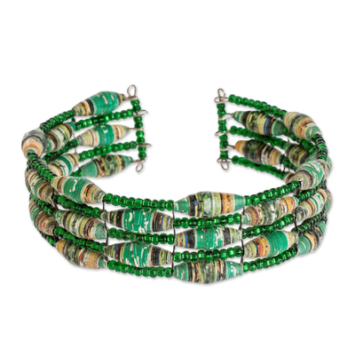 Green Recycled Paper and Glass Bead Bracelet
