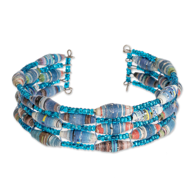 Blue Paper and Glass Bead Cuff Bracelet