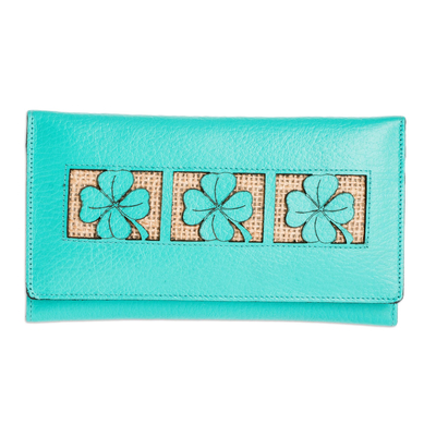 Clover Theme Jute Trim Turquoise Leather Wallet
