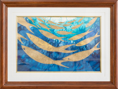 Oil on Canvas of Fish in the Ocean in Blue and Gold