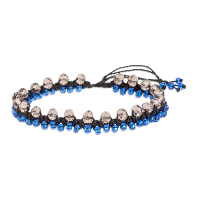 Black Macrame Anklet with Blue and Clear Glass Beads