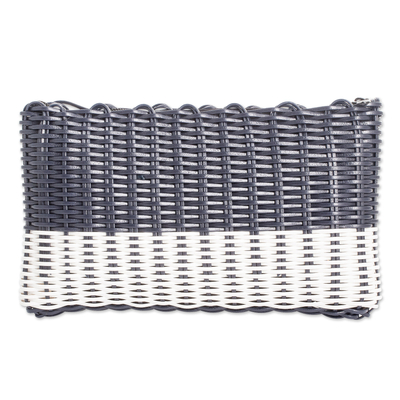 Hand-Woven Recycled Vinyl Cord Cosmetic Bag in Blue & White