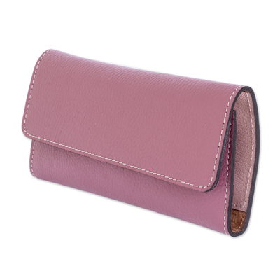 Dusty Rose Leather Tri Fold Wallet With Snap Closure