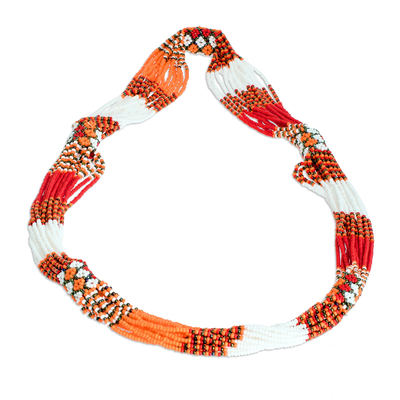 Multi-Strand Glass Beaded Long Necklace in Reds and Oranges