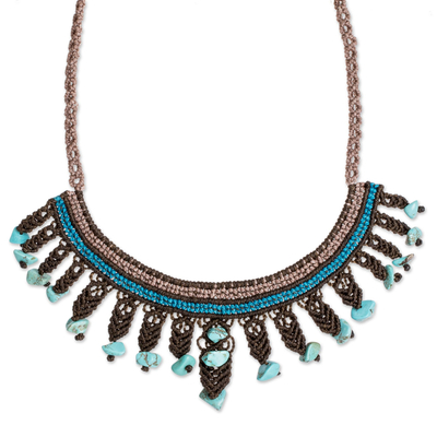 Turquoise-Accented Brown and Blue Macrame Necklace
