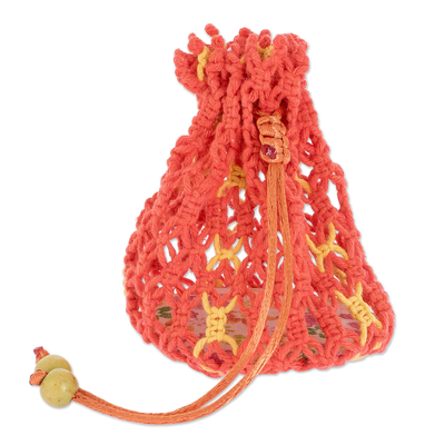 Cotton Macramé Drawstring Pouch with Wood Base