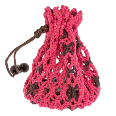 Cotton Macramé Drawstring Pouch with Wood Base