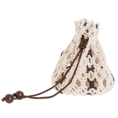 Cotton Macramé Drawstring Pouch with Wood Base