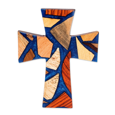 Reclaimed Wood Wall Cross in Natural Colors and Blue Resin