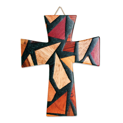 Reclaimed Wood Wall Cross in Natural Colors and Green Resin