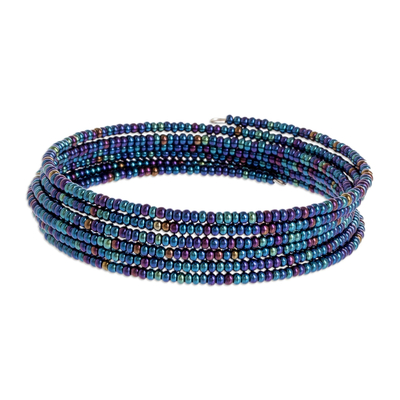 Multi-Hued Blue Glass Bead Bracelet on Stainless Steel Wire