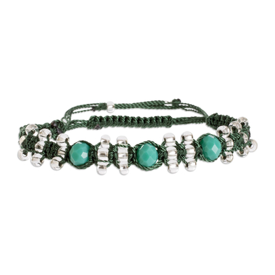 Dark Green Teal and Clear Macrame and Beaded Bracelet