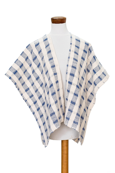 Hand-woven Blue and White Ruana Made with 100% Cotton