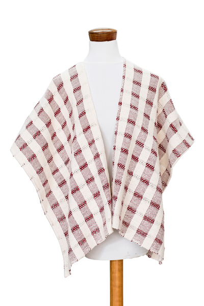 Hand-woven Red and White Ruana Made with 100% Cotton