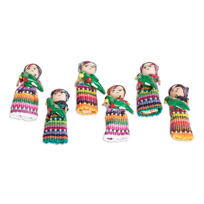 Guatemalan Set of 6 Handcrafted Cotton Decorative Dolls