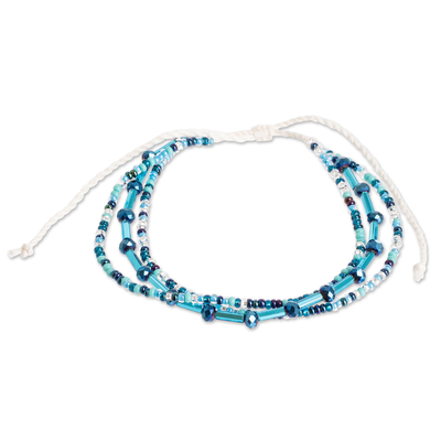 Adjustable Crystal and Glass Beaded Blue Wristband Bracelet