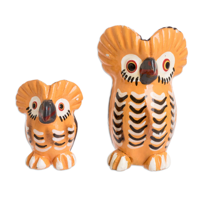 2 Handcrafted Ginger Orange Ceramic Owl Figurines