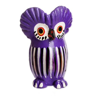 Purple Owl-shaped Ceramic Figurine Handcrafted in Guatemala