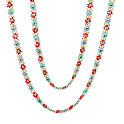 Pair of Flower-themed Glass Beaded Necklaces from Guatemala