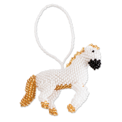 Handcrafted Glass Beaded Horse Ornament with Golden Tones