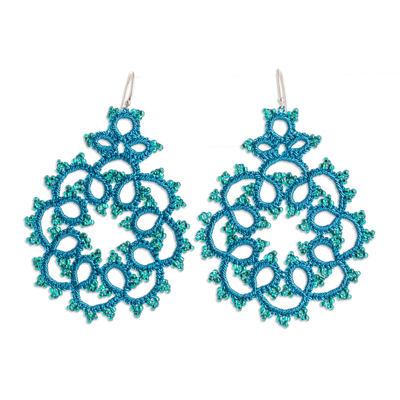 Turquoise Hand-Tatted Dangle Earrings with Glass Beads