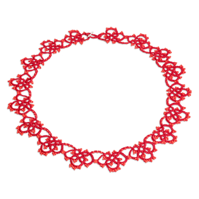 Hand-Tatted Red Collar Necklace with Sterling Silver Clasp