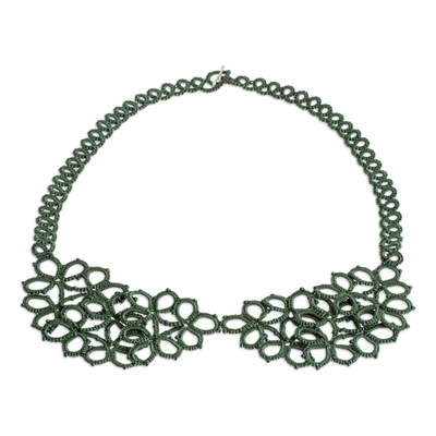 Hand-Tatted Green Statement Necklace with Glass Beads