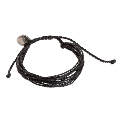 Unisex Black Cord Wristband Bracelet with Strands and Charm