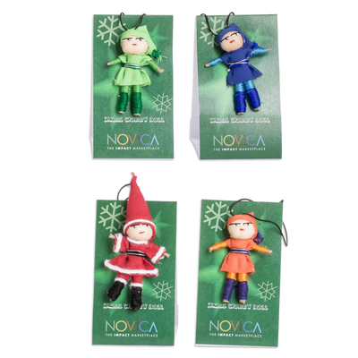 Set of 4 Handcrafted Cibaque and Cotton Worry Dolls