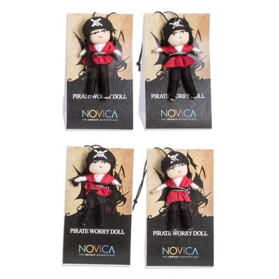 Set of 4 Handcrafted Cotton and Cibaque Pirate Worry Dolls
