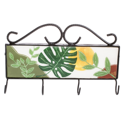 Wood and Iron Coat and Key Rack with Hand-Painted Leaves