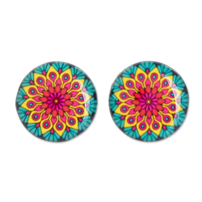 Resin and Paper Stud Earrings with Peacock Mandala Theme