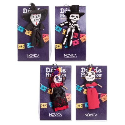 4 Handcrafted Cotton and Cibaque Day of The Dead Worry Dolls