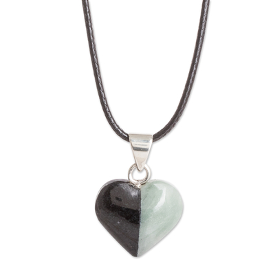 Two-Tone Jade Heart Pendant Necklace with 925 Silver Accents