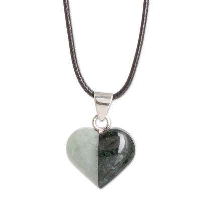 Two-Tone Jade Heart Pendant Necklace with Silver Accents