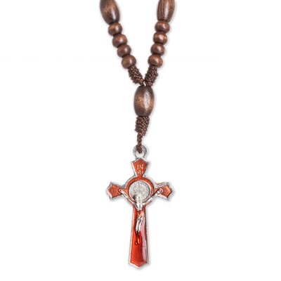 Handmade Wood and Pewter Decennary Rosary Pendant Necklace