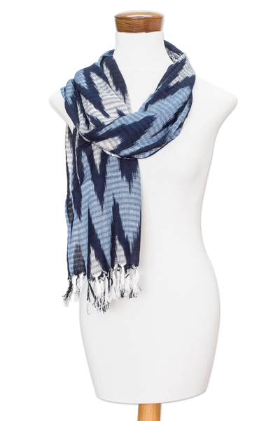 Hand-Woven White and Blue Rayon Scarf with Zigzag Pattern