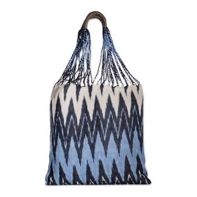 Hand-Woven Patterned Cotton Tote Bag in Blue and Ivory
