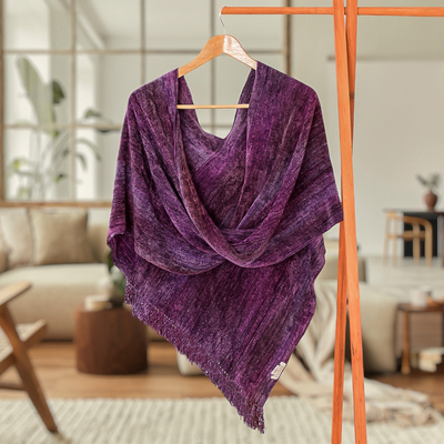 Cotton Blend Twisted Front Fringed Poncho in Purple Hues