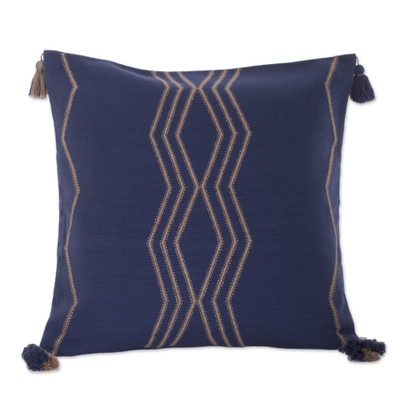 Handloomed Geometric Indigo and Beige Cotton Cushion Cover
