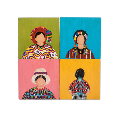 Hand-Painted Traditional Pine Wood Wall Art (Set of 4)