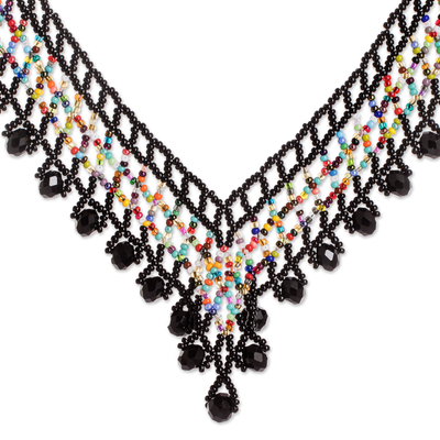 Handmade Black Crystal and Glass Beaded Waterfall Necklace