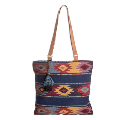 Hand-Woven Cotton Shoulder Bag with Tassel and Suede Straps
